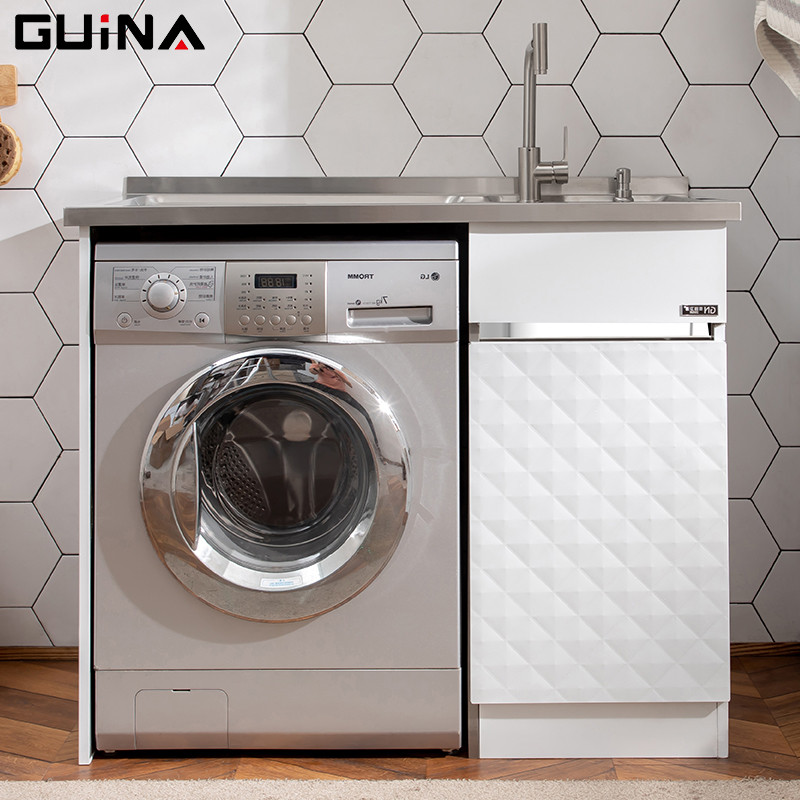 贵娜(guina) 洗衣柜 阳台洗衣池带搓板洗衣机伴侣柜 1.1M 1.1白压花右盆