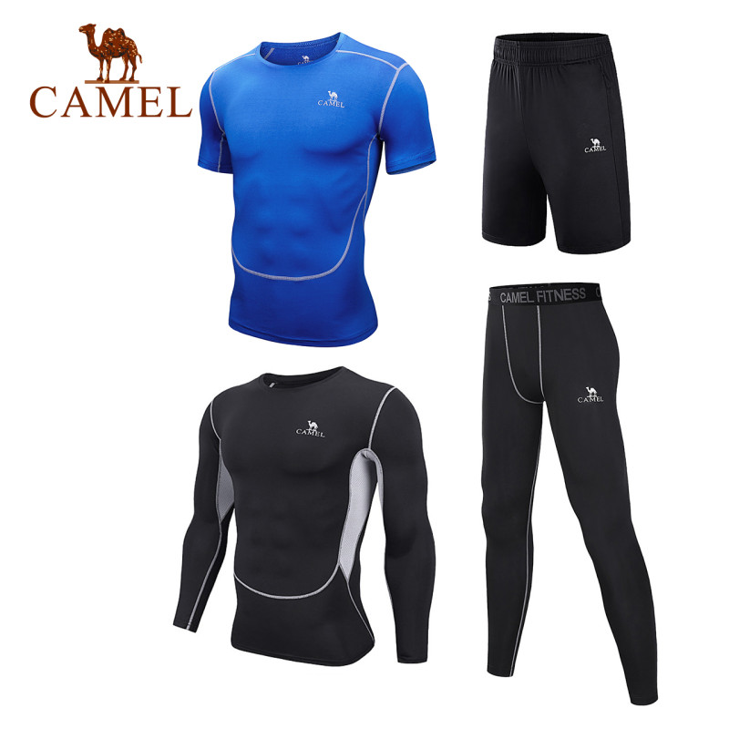 CAMEL骆驼户外速干套装 2018秋冬新款男款跑步健身运动训练紧身速干衣裤套装 XL J8TZ140109，（黑+蓝）四件套