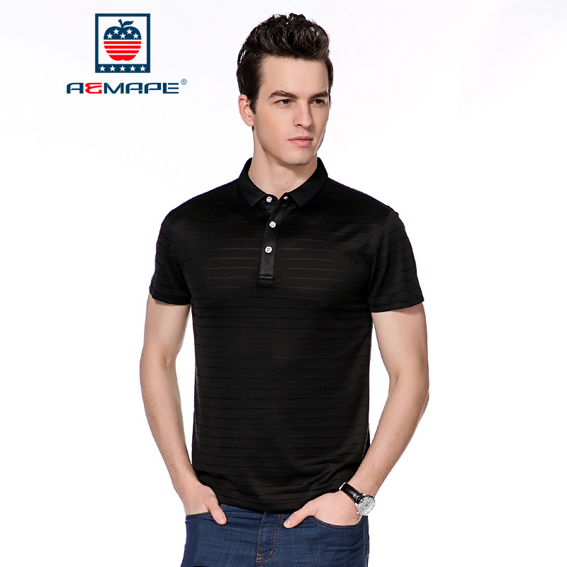 AEMAPE苹果竹纤维短袖POLO衫男士时尚条纹夏季休闲舒适T恤 50(175/L) 黑色