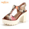 索菲娅Safiya夏防水台丁字扣印花圆头高跟凉鞋女SF52115021 香槟色 37