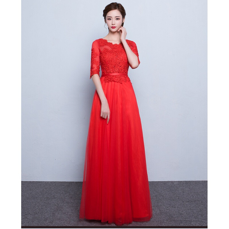 晚礼服春季长款中袖敬酒服宴会年会演出伴娘礼服裙女
