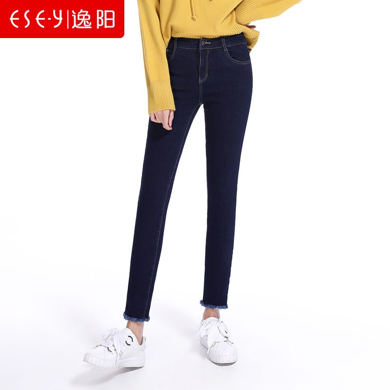 2018冬季新款时尚小脚加绒毛边牛仔裤九分铅笔裤子女清仓72324 26/7 深蓝色