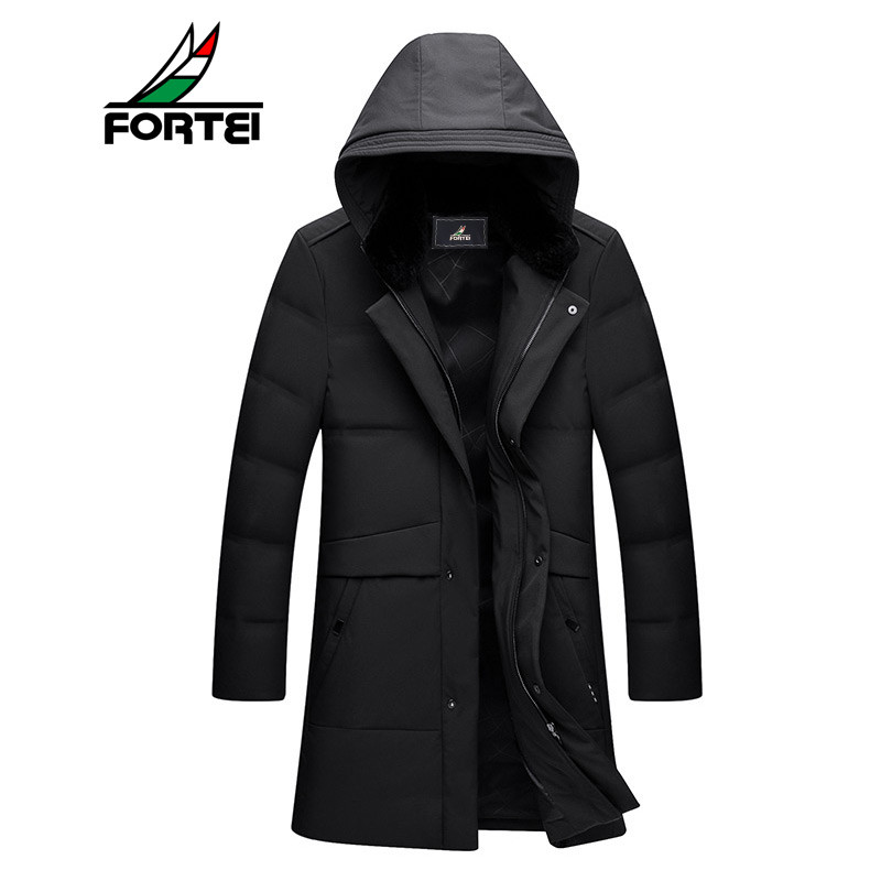 FORTEI富铤羽绒服男士中长款可脱卸帽时尚简约冬季男装保暖外套 185/XXL 黑色