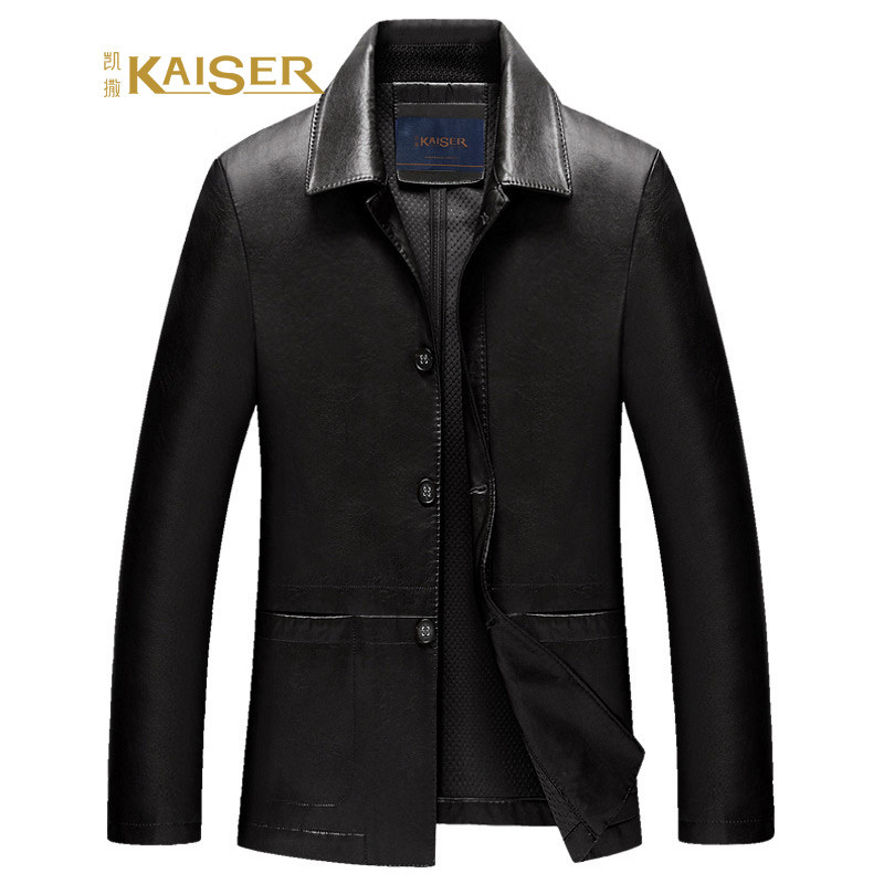 凯撒KAISER皮衣男士中青年商务休闲仿皮夹克外套 190/XXXL 黑色
