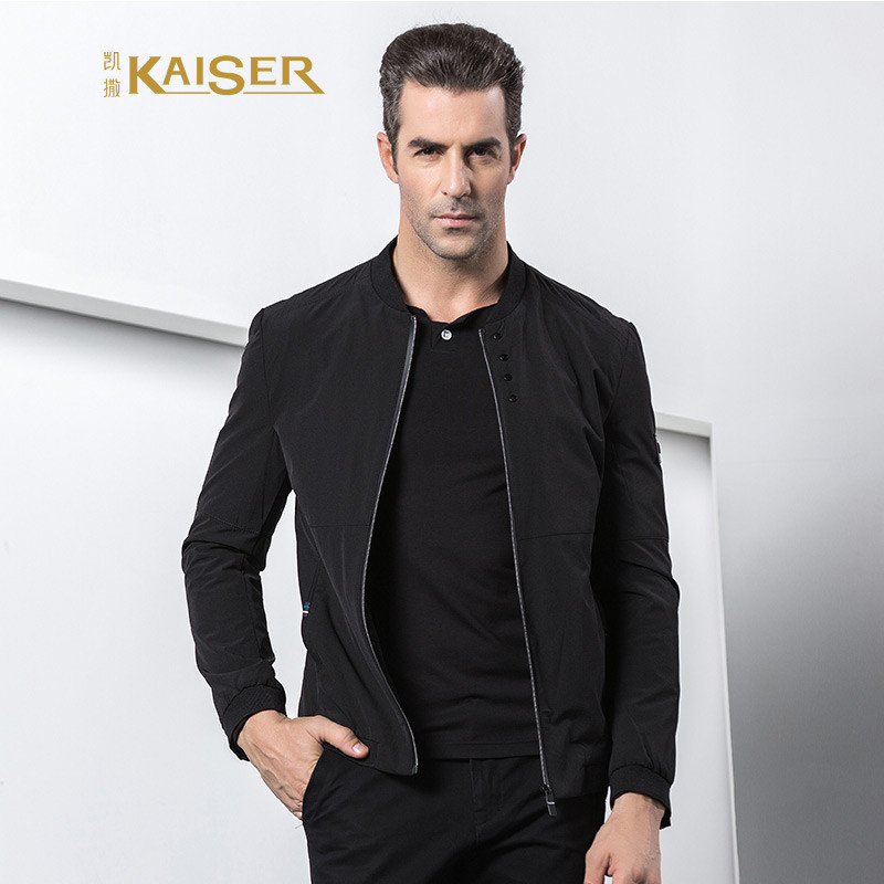 【反季清仓特价】凯撒KAISER夹克男时尚棒球领简约韩版修身春秋外套 黑色 190/XXXL