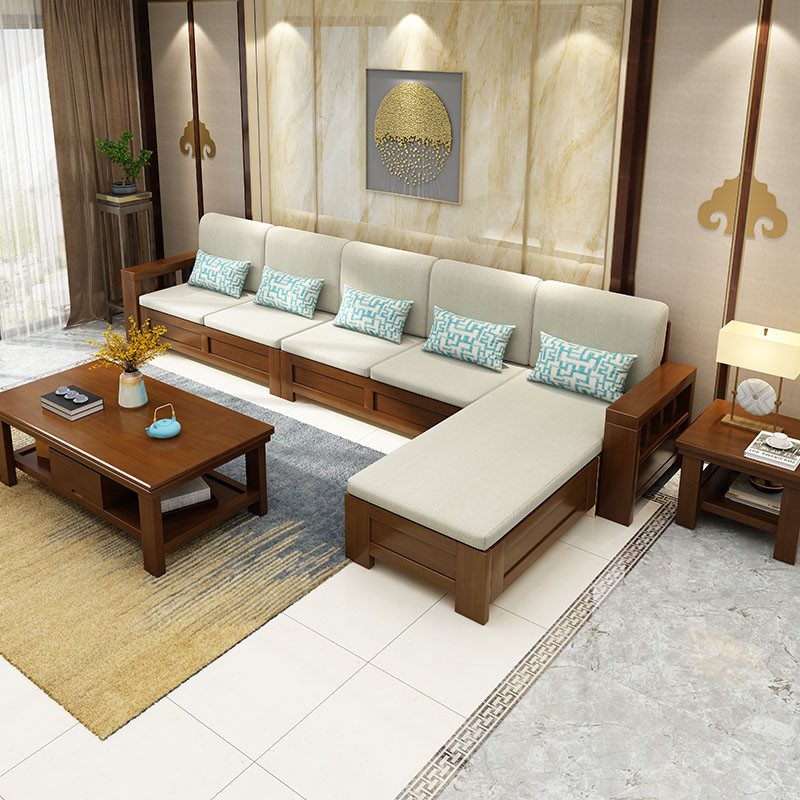 沙发 实木沙发 现代新中式布艺沙发组合 L型客厅大小户型木质转角橡胶木沙发冬夏两用S808# 3+贵妃