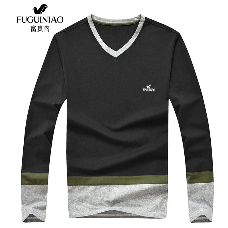 富贵鸟（FUGUINIAO）长袖T恤男装T恤时尚V领撞色T恤男长袖 2XL 黑色