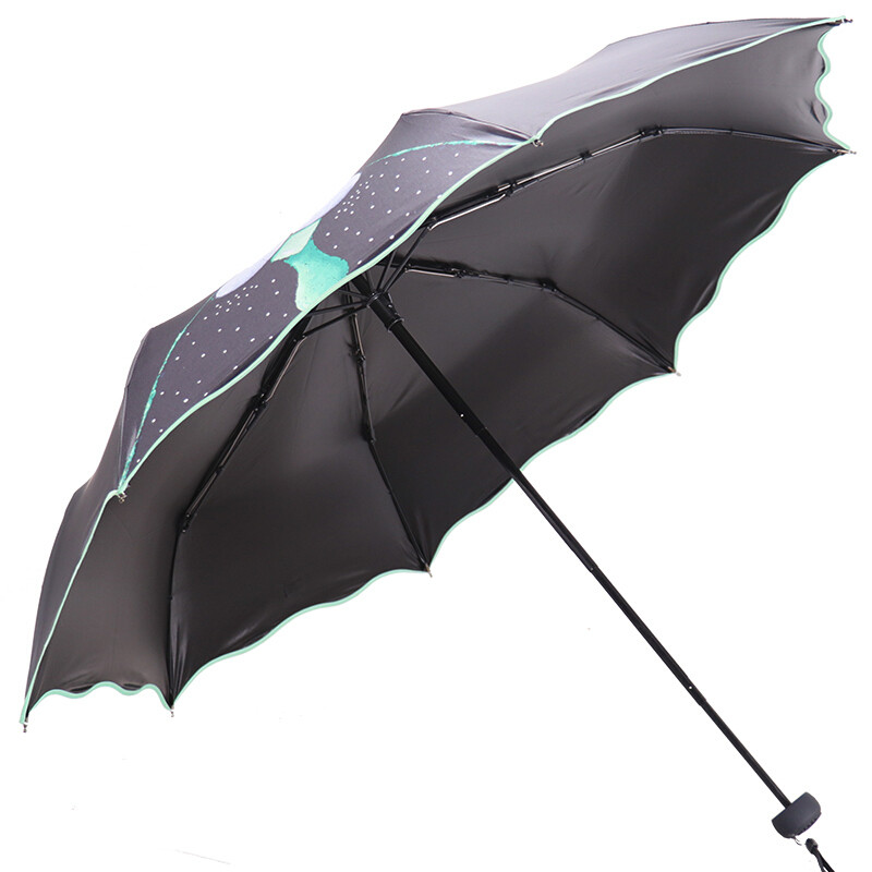 天堂伞 全遮光黑胶萌萌哒鸟三折晴雨伞小黑伞 L33409E 绿色