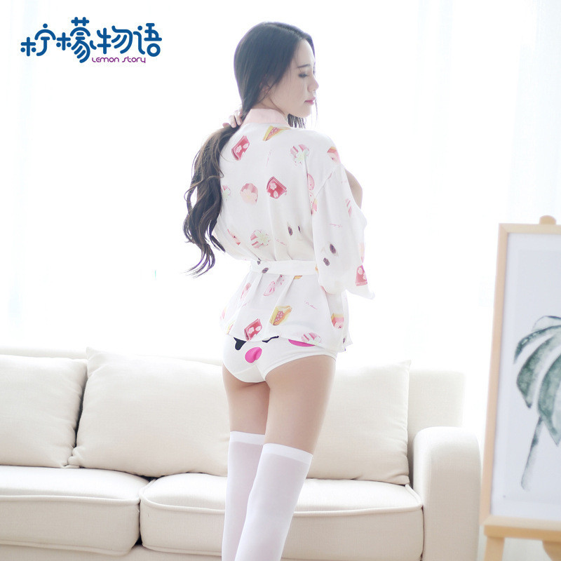 情趣内衣卡通开襟和服可爱浴袍露PP透视性感女佣制服SM套装_1_1_4 白色浴袍+白色开档袜