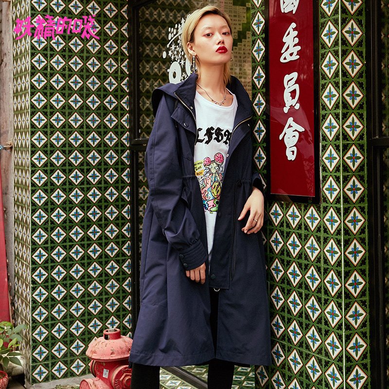妖精的口袋Y长款风衣外套秋装2018新款薄款长袖连帽原宿风上衣女N_1 XS 深藏青色