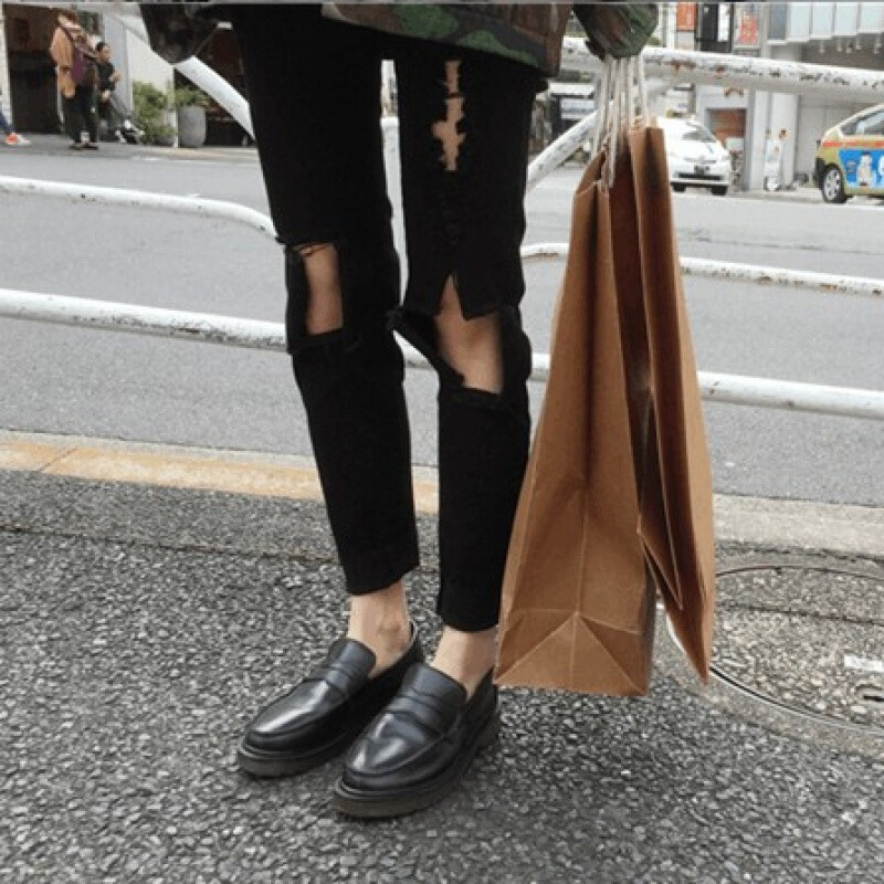 秋夏装加肥加大码高腰200斤胖mm破洞牛仔裤女装宽松九分小脚裤潮黑色193S码【90-10_5 2XL码【135-150斤】 默认颜色