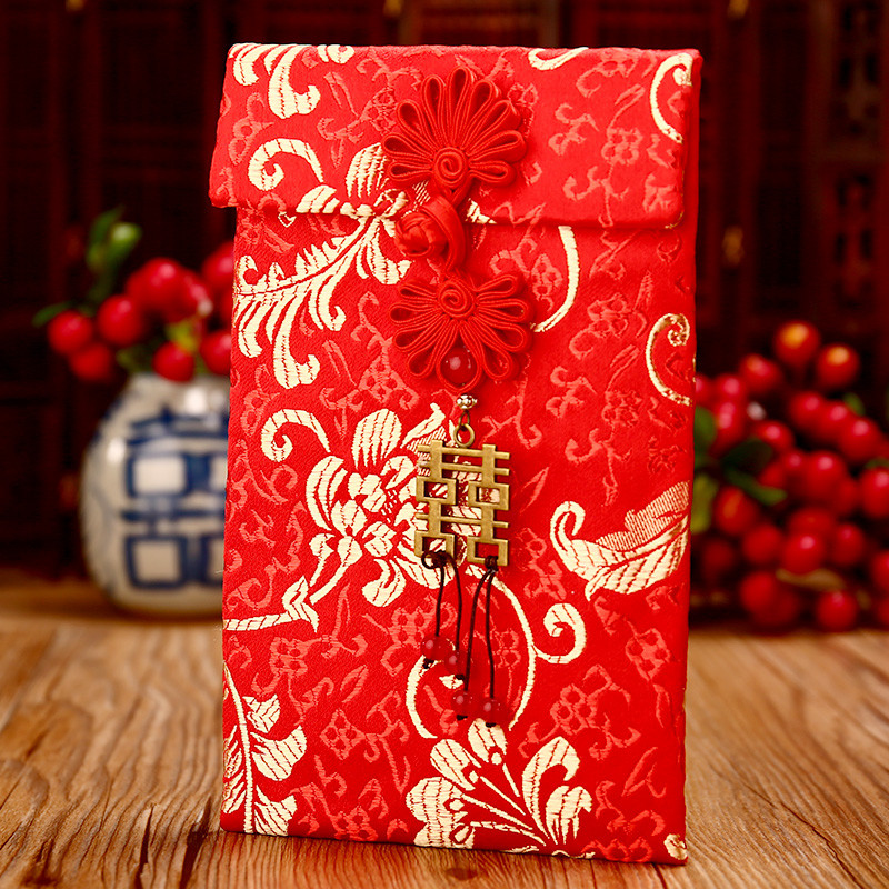 婚庆万元红包 结婚刺绣锦缎布艺改口红包袋利是封千元布红包 1万10*18cm铜喜孔雀扣凤尾竖款