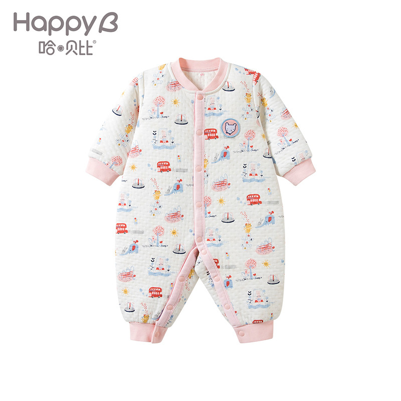哈贝比（happyB）婴儿连体衣春秋季外出衣服男女宝宝新生儿纯棉长袖爬爬服 米白色 66(3-6月)