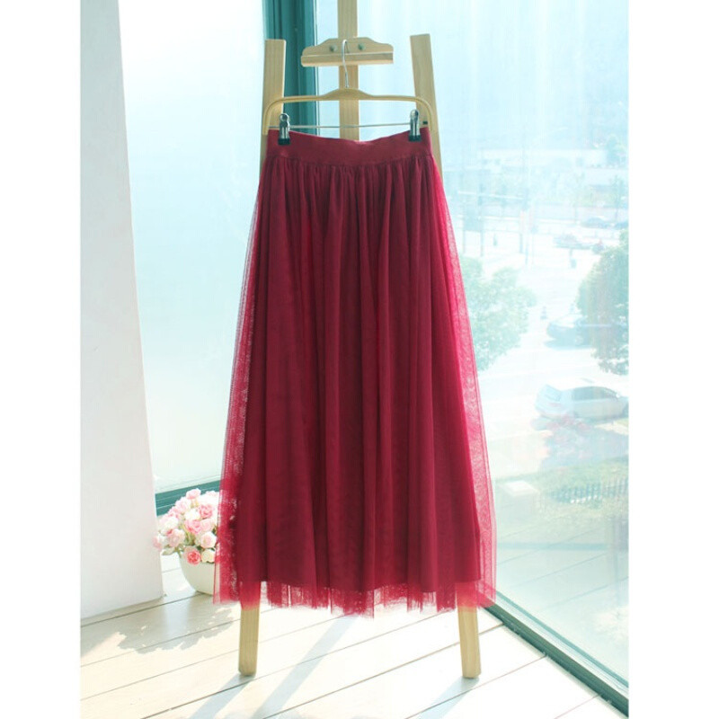 新款显瘦款网纱长裙半身裙中长裙子 85CM长 酒红色