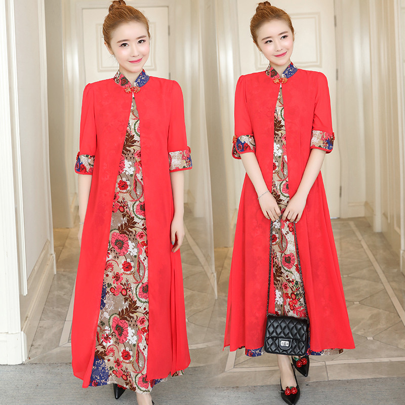 2018春装新款大码女装民族风印花拼接连衣裙假两件胖妹妹mm中长款_2 XL 蓝色