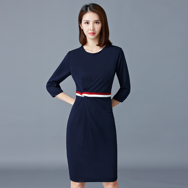 知性连衣裙2017夏季新款韩版OL气质修身包臀拼色中长款职业女裙 XL 藏青色