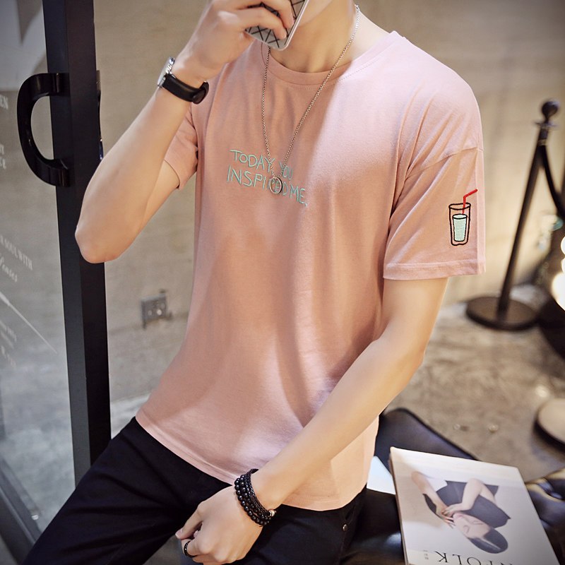 夏季新男士年轻印花短袖男T恤休闲短袖男圆领短袖潮男宽松 M 粉红色