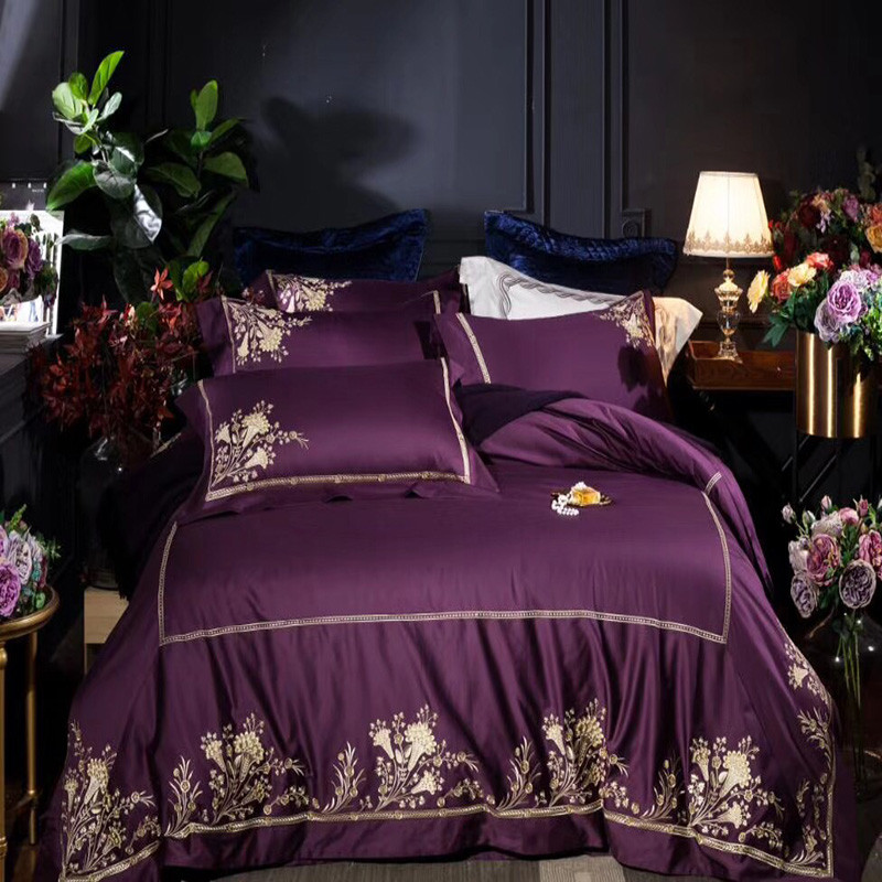 轩丽雅纯色60S长绒棉四件套欧式高档刺绣双拼1.5米/1.8米高支高密床上用品套件 2.2*2.4m 黛紫
