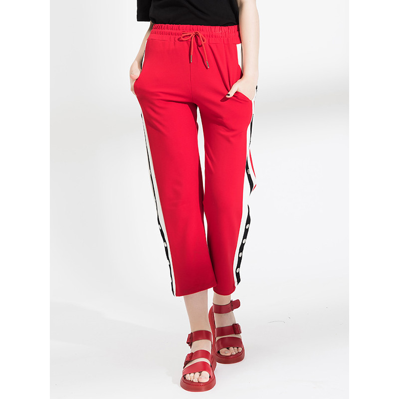 A&D街拍款百搭铆钉装饰时尚撞色阔腿裤休闲裤红色 均码 红色
