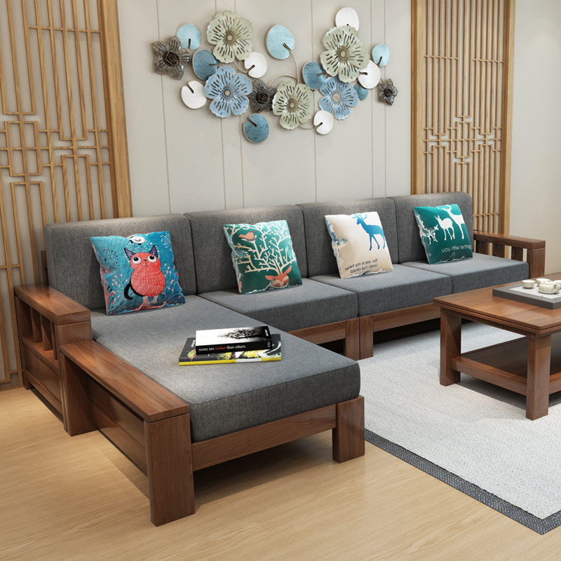 老故居 沙发 实木沙发 现代中式沙发组合 转角橡胶木沙发小户型木质布艺客厅家具 1+2+3+长茶几