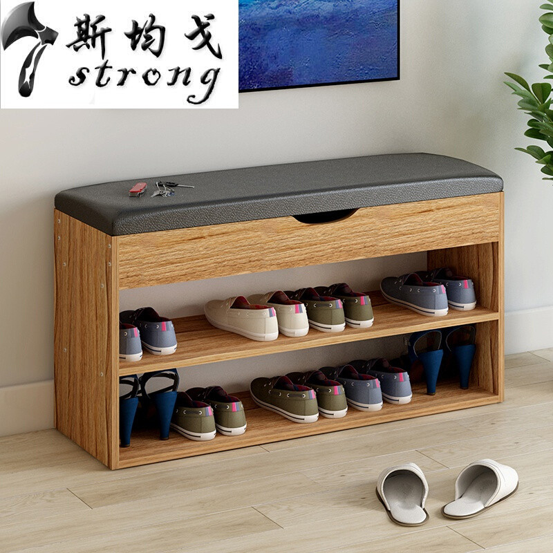 现代简约换鞋凳式鞋柜服装店沙凳穿鞋凳进储物凳收纳凳休息凳 80古橡木pu黑皮横款