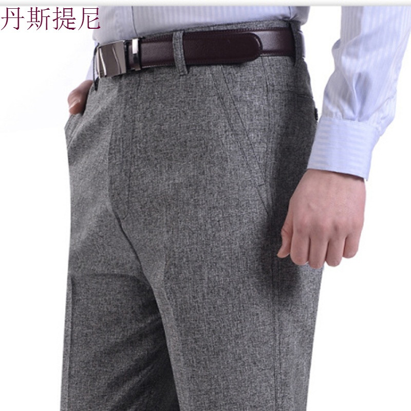 中老年男裤夏季薄款宽松休闲长裤子老年人男士亚麻爸爸装高腰西裤_13 34码【腰围二尺七】 中麻灰
