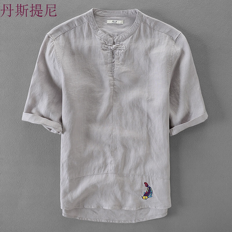 2018中国风纯亚麻短袖衬衫男唐装盘扣衬衣大码刺绣复古寸衣薄 2XL 灰色