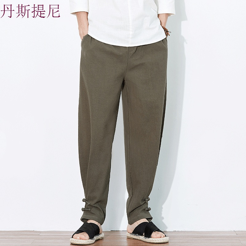 中国风男装裤子长裤休闲仿亚麻棉麻中式唐装阔腿灯笼小脚哈伦裤夏_3 5XL(建议210-240斤) 军绿色