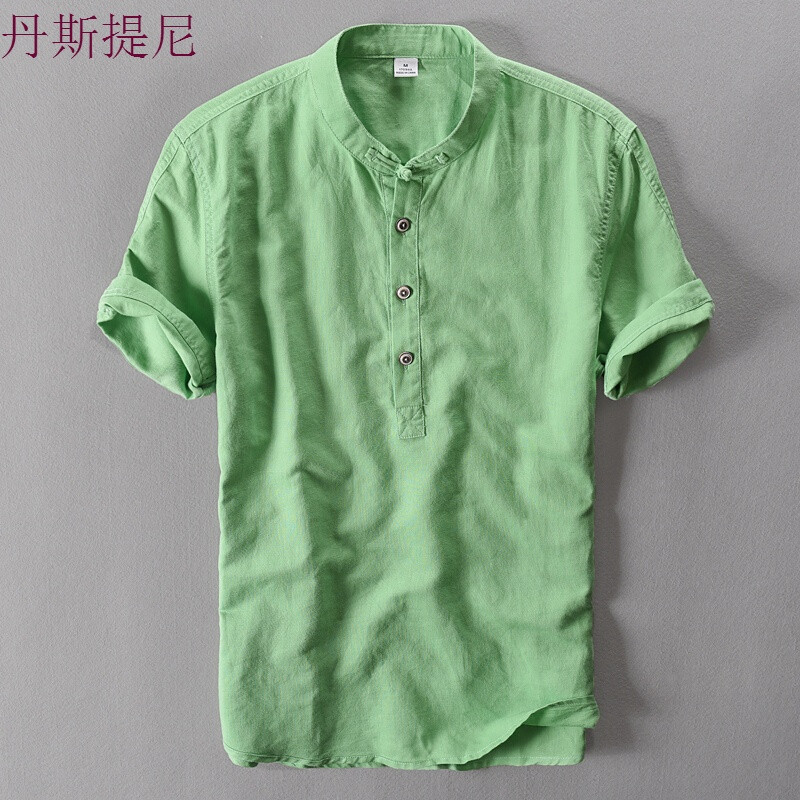 中国风亚麻料短袖男盘扣立领棉麻套头薄款宽松半袖衬衫唐装夏 4XL 翠绿色