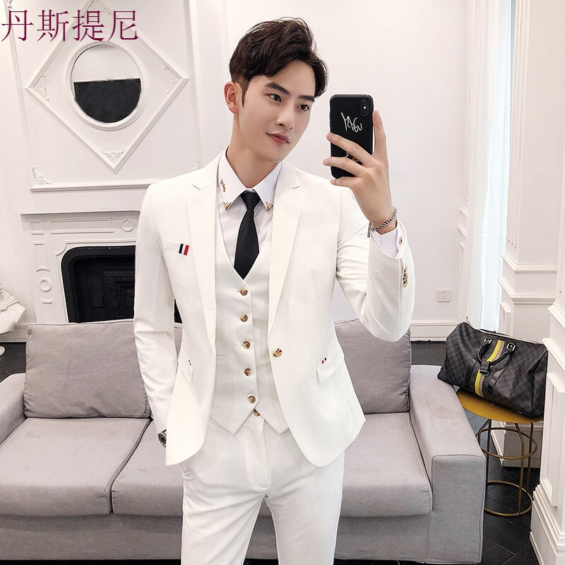 西服套装男韩版青年帅气正装英伦风修身西装新郎结婚礼服小码男装_4 M 白色西装+裤子送领带