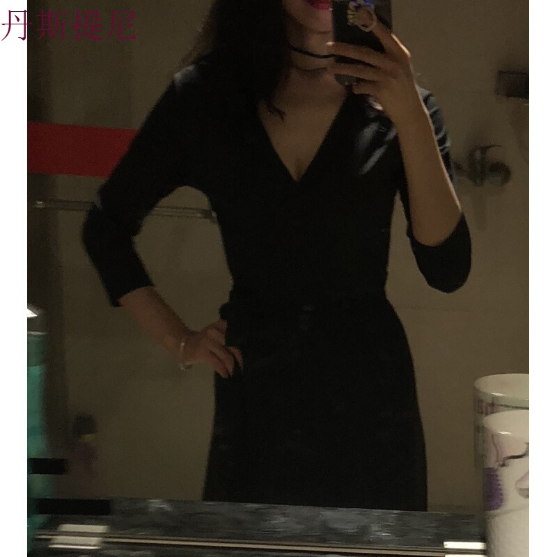 波西米亚碎花系带收腰修身长裙气质开叉连衣裙秋季V领长款裹身裙_1_6_2 XL 1715-2纯黑色