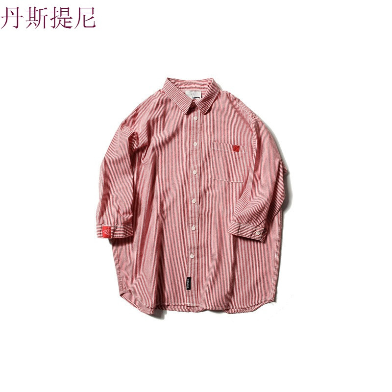 东京衣柜夏季新款日系复古撞色条纹七分袖衬衫青年潮流韩版衬衣男 2XL 红色