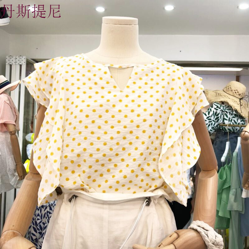 特惠波点荷叶边镂空短袖套头衬衫女2018夏装宽松港味学生衬衣上衣黄色均码_3 默认尺寸 默认颜色