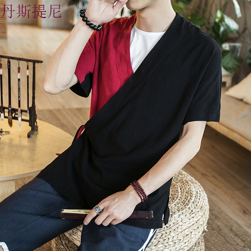 夏季开衫男短袖中国风大码宽松棉麻男士日系休闲衬衫_5 L 棕白