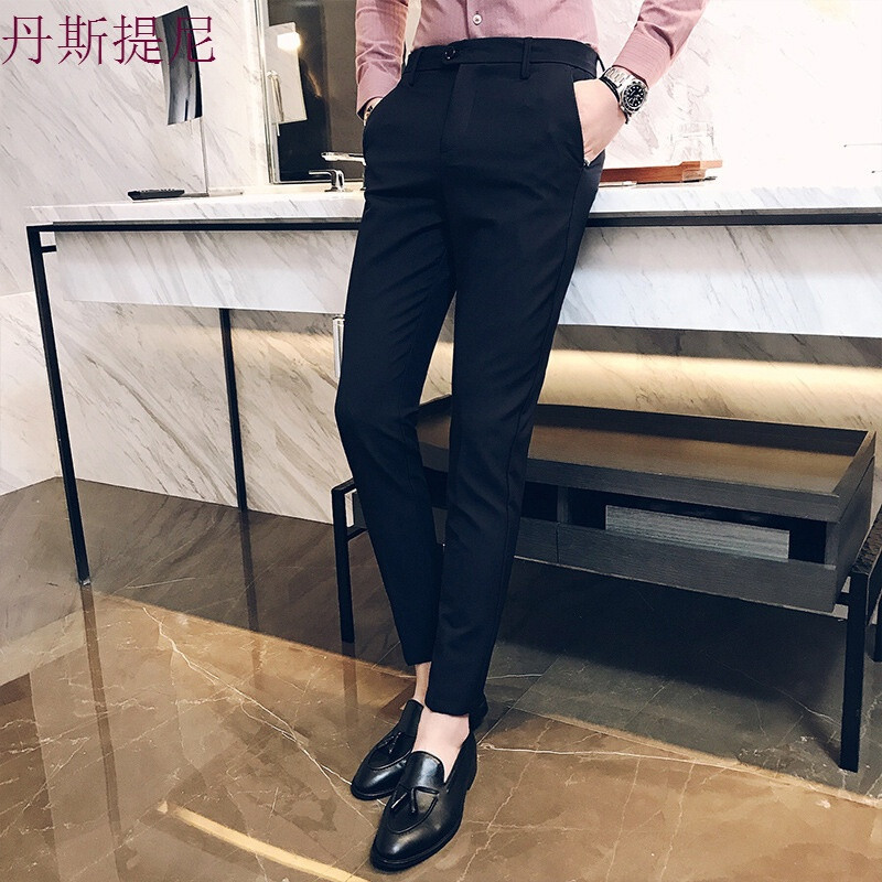 西裤男修身小脚男裤子夏季2017新款韩版潮流型师休闲百搭九分裤_5 32 藏青色2