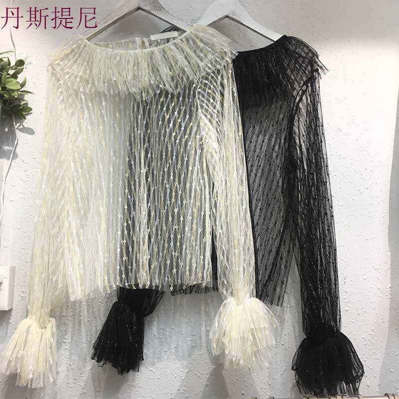 特惠韩国ulzzang荷叶边套头长袖蕾丝衫春装休闲时尚打底衫网纱衫白色均码_5 默认尺寸 白色