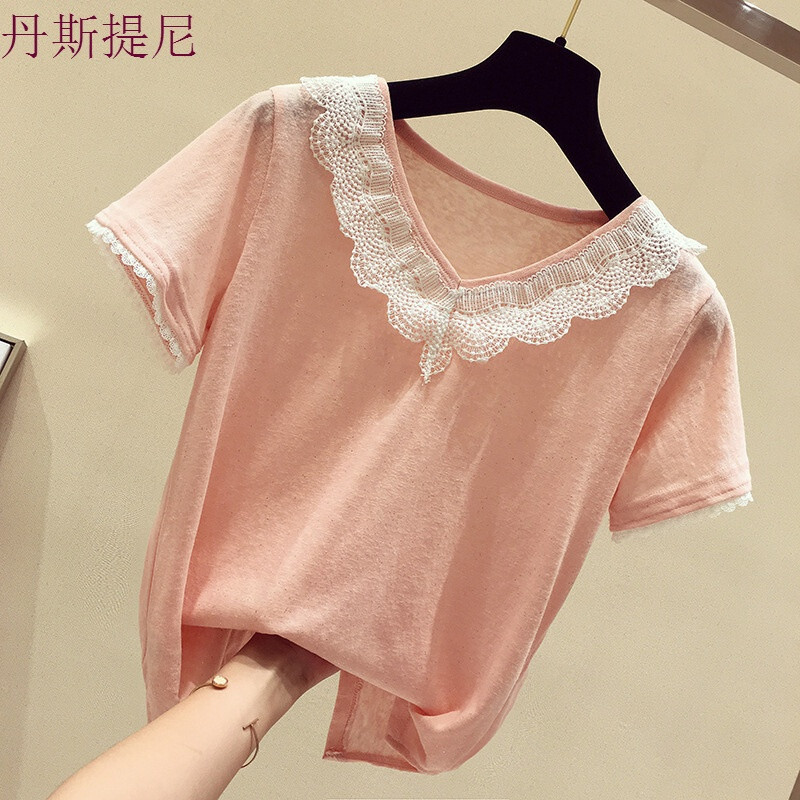 蕾丝拼接短袖T恤女夏装2018新款韩版v领宽松半袖体恤甜美超仙上衣 L 紫色