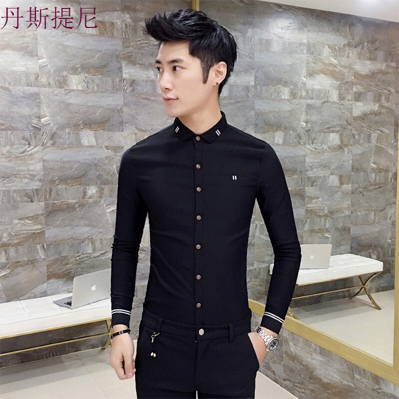 2018新款春季韩版男士紧身长袖衬衫衣服型师服装帅气修身衬衣土_0 M 黑色H161