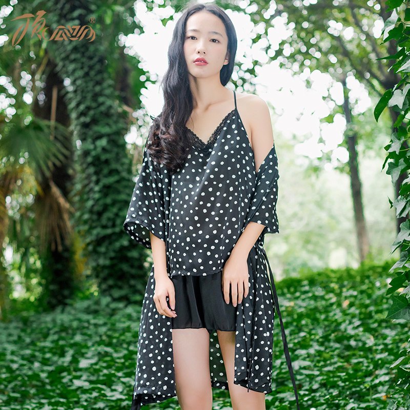 顶瓜瓜睡袍女夏性感带波点浴袍两件套舒适薄款蕾丝睡衣顶呱呱 175 黑色