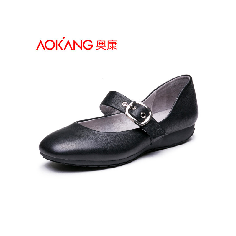 奥康(AOKANG)女鞋新款纯色圆头平跟休闲单鞋女士休闲皮鞋 妈妈鞋 黑色 37码