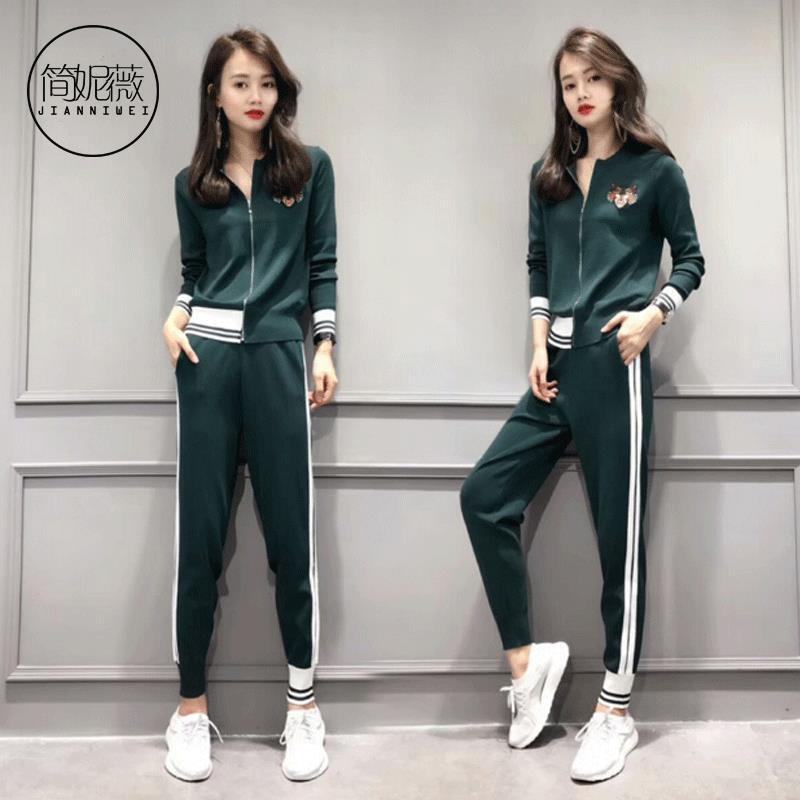 简妮薇(JIANNIWEI)休闲运动服套装女士2018秋季新款韩版修身显瘦长袖长裤两件套 6675墨绿色 M