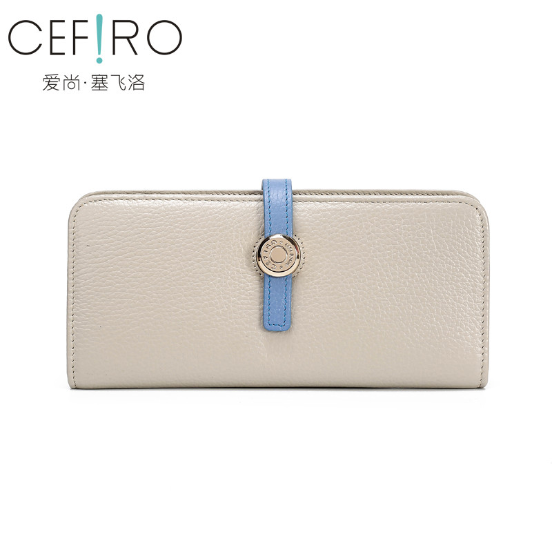CEFIRO/塞飞洛钱包女士2018新款韩版长款淑女纯色零钱包手包头层牛皮真皮软妹可爱百搭休闲薄款多功能多隔层三折钱夹潮 灰色
