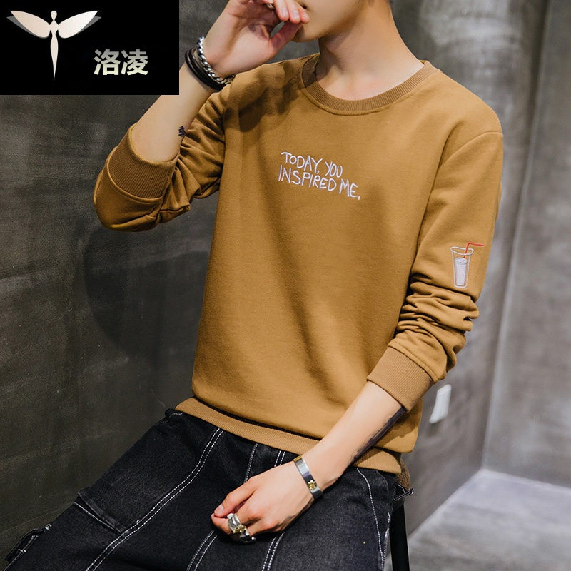 男装男士长袖T恤秋季薄款上衣服男装圆领秋衣潮流韩版体恤打底衫卫衣休闲 XL 卡其