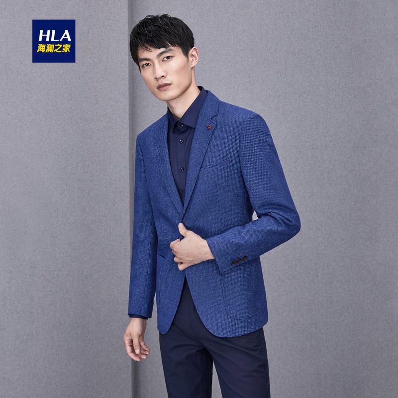 HLA/海澜之家时尚平驳领休闲西服2018秋季新品羊毛混纺单西男士 190/112C 牛仔蓝花纹78