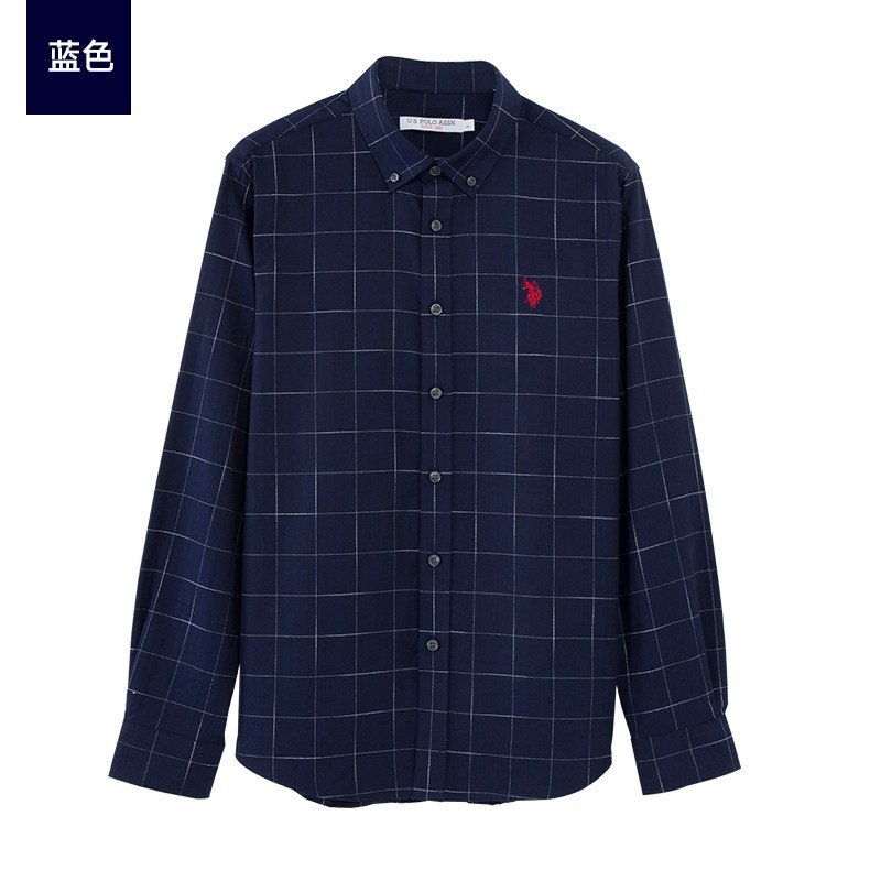 U.S.POLOASSN.长袖衬衫男秋冬美式商务衬衣休闲格子提花马标 L/175 蓝色格