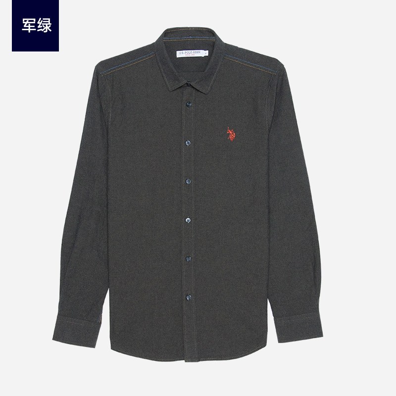 U.S.POLOASSN.衬衫男衬衣纯色纯棉长袖修身休闲潮流帅气青少年 M/170 军绿