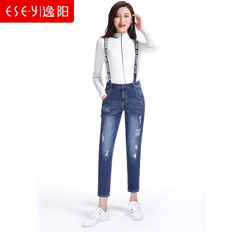 清仓2018秋季新款字母磨烂牛仔裤背带裤女韩时尚九分小脚裤72164_1 29/11 怀旧蓝