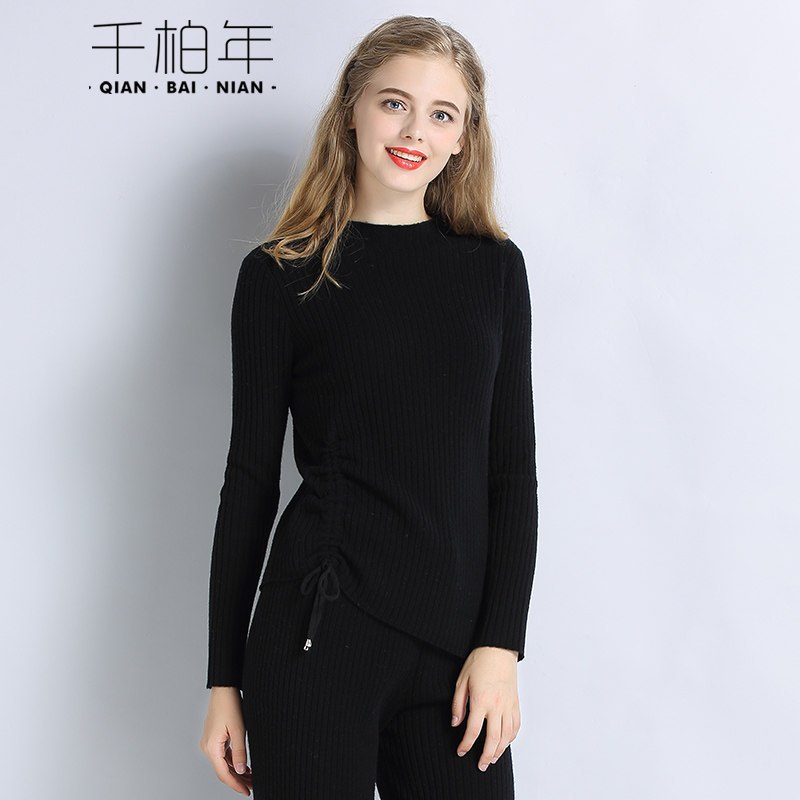 千柏年针织毛衣女修身打底衫半高领套头侧边抽身100%美丽诺羊毛衫 L 黑色
