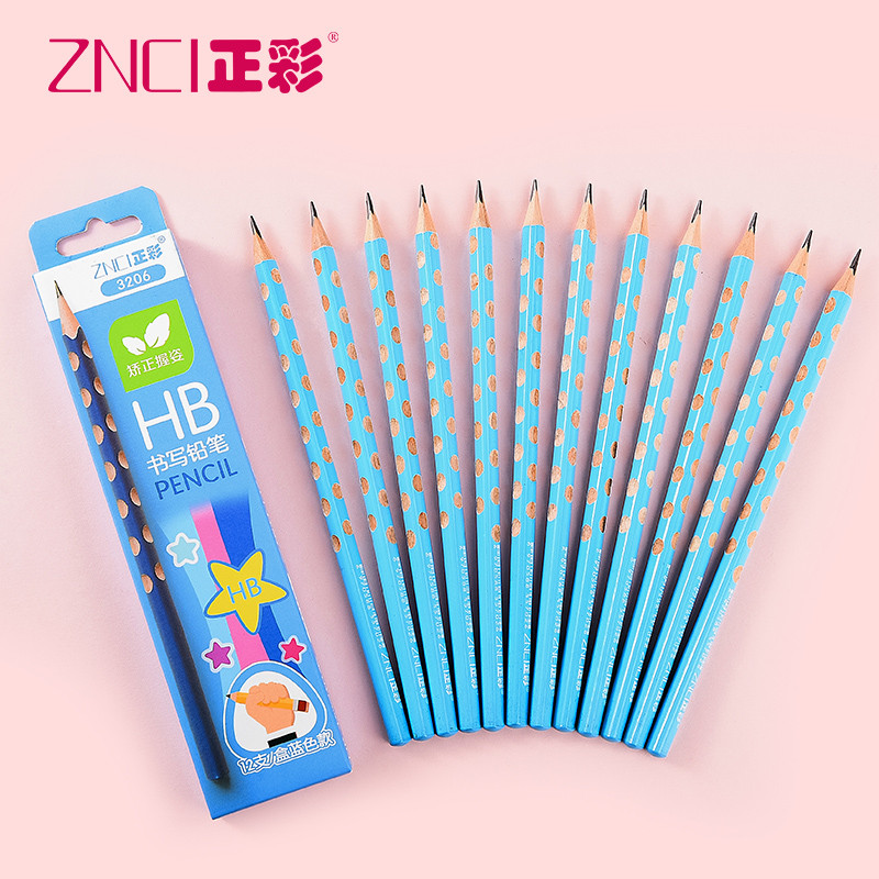 正彩（ZNCI）洞洞铅笔HB儿童矫正握姿小学生三角笔杆三棱书写铅笔文具用品12支装 天蓝色