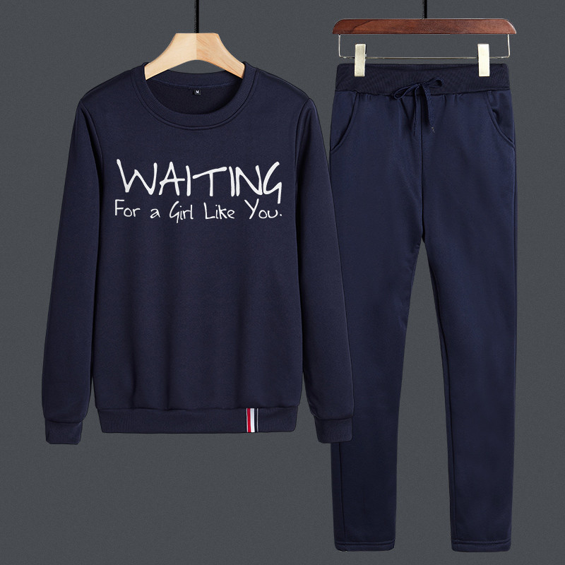 套头卫衣男秋冬季圆领休闲运动套装潮流时尚帅气学生男装两件套YTZ202 XL 蓝色